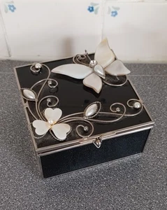 Vintage Juliana Black Glass Silver Butterfly Mother of Pearl Trinket Box - Picture 1 of 3