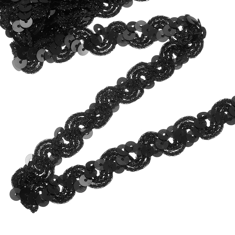 Cinta de ribete de lentejuelas de 5,4 yardas 0,6 pulgadas ribete trenzado de lentejuelas, negro Foto 1 de 4