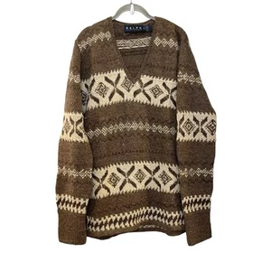 Ralph Lauren Vintage 90s Knit Tribal Fair Isle Sweater Linen Wool Brown Tunic - Picture 1 of 6