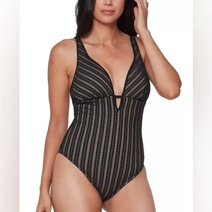BAR III Plunging Crochet One-Piece Swimsuit Black Nude Lined Pull On New M - Picture 1 of 11