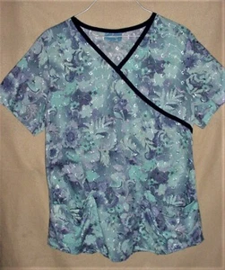 Leaves Flowers Swirl Print Blue Teal Elan By Barco Scrub Top Shirt S - Picture 1 of 3