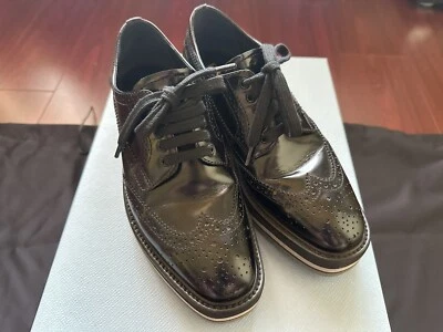 Authentic Prada 30mm Winged Flatform Black Leather Oxford Platform Shoes Size 35 - Image 1 of 4