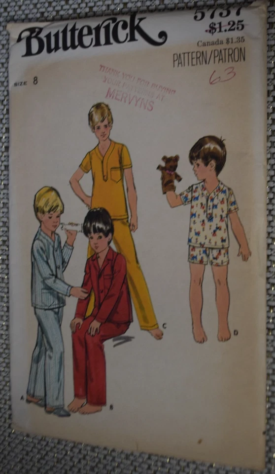 Vintage Butterick Pattern 5737 Boys Pajamas 1960s Sz 2 Toddler PJs
