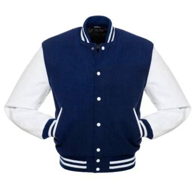 Men's Varsity Bomber Letterman Baseball College Jacket Wool Body Leather Sleeves - Image 1 of 3