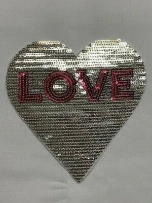 Large Iron-on (Love) Heart Applique/ Sequin Patch - Silver/Hot Pink - Image 1 of 4