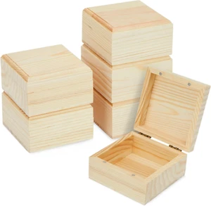 6 Pack Unfinished Wooden Boxes with Hinged Lids - Pinewood Magnetic Storage f... - Picture 1 of 12