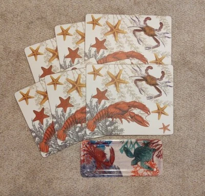 Ocean Scene Placemats Cork Backed set of 6 with Tray Lobster Crab Starfish - Image 1 of 4