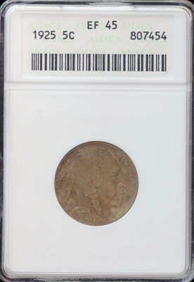 1925 5c Buffalo Nickel ANACS EF 45 | Extra Fine XF Soap Box - Image 1 of 4