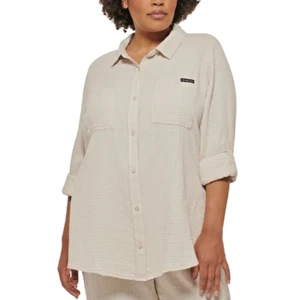 Calvin Klein Jeans Women's Plus Size Button Up Shirt Cotton Shirt Beige 2X - Picture 1 of 12