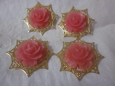 4 Bright pink resin flower ornate filligree edge shank buttons New - Image 1 of 4