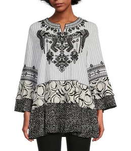 Tunica donna Calessa ricamata patchwork spacco scollo a V manica a campana 3/4 taglia M - Foto 1 di 10