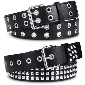 2 Pcs Double Grommet Belt PU Leather Punk Rock Rivet Belt for Women Men Jeans... - Picture 1 of 7