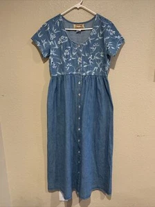 Vintage Studio Ease Denim Maxi Dress Floral Cottagecore Modest Made USA Size 10 - Picture 1 of 5