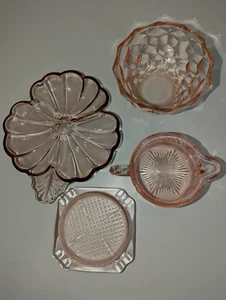 VintagePink Depression Glass Set of 4 Shamrock, Ashtray, Creamer, Bowl - Picture 1 of 10