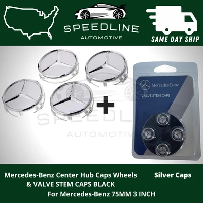 4 Tapacubos centrales de rueda plateados mate emblema y tapacubos de vástago de válvula para Mercedes-Benz Foto 1 de 2