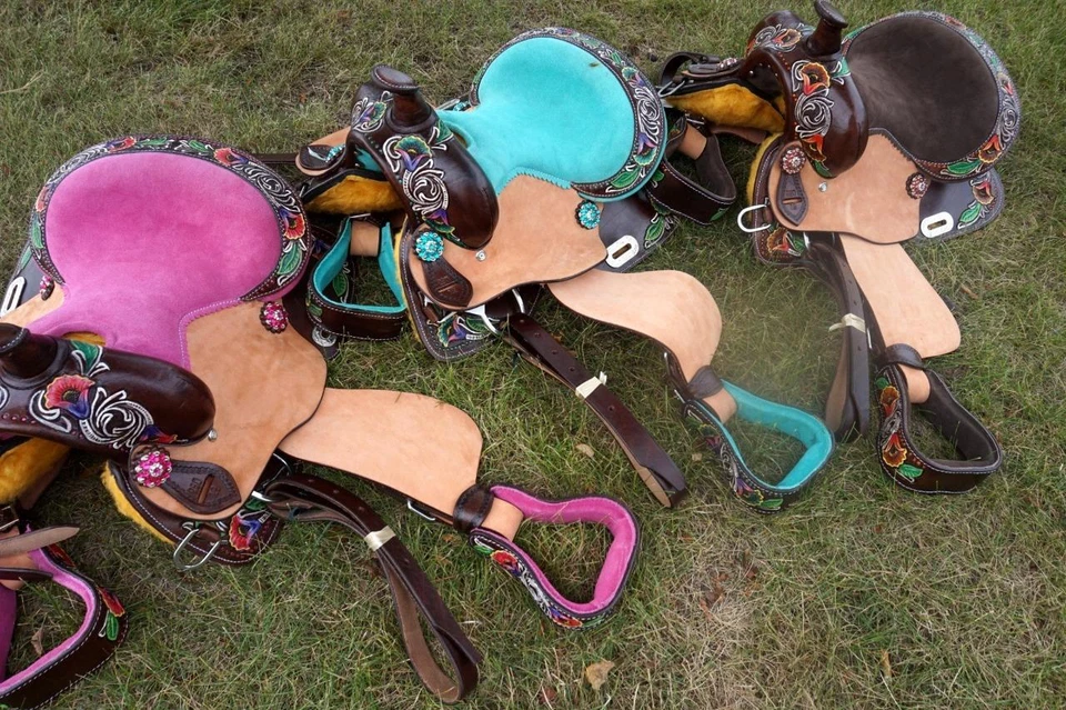 Sillín Western Mini Pony Barrel 10 12" verde azulado rosa marrón asientos D.Oil pintado floral Foto 1 de 1