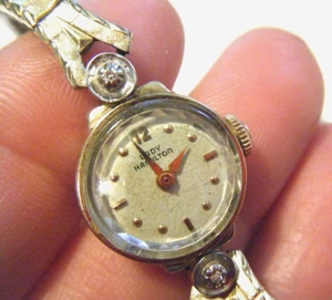 Vintage 60s 10K Y&W Gold 2 Diamonds Lady Hamilton Round Biggs Watch Works Well - Picture 1 of 7
