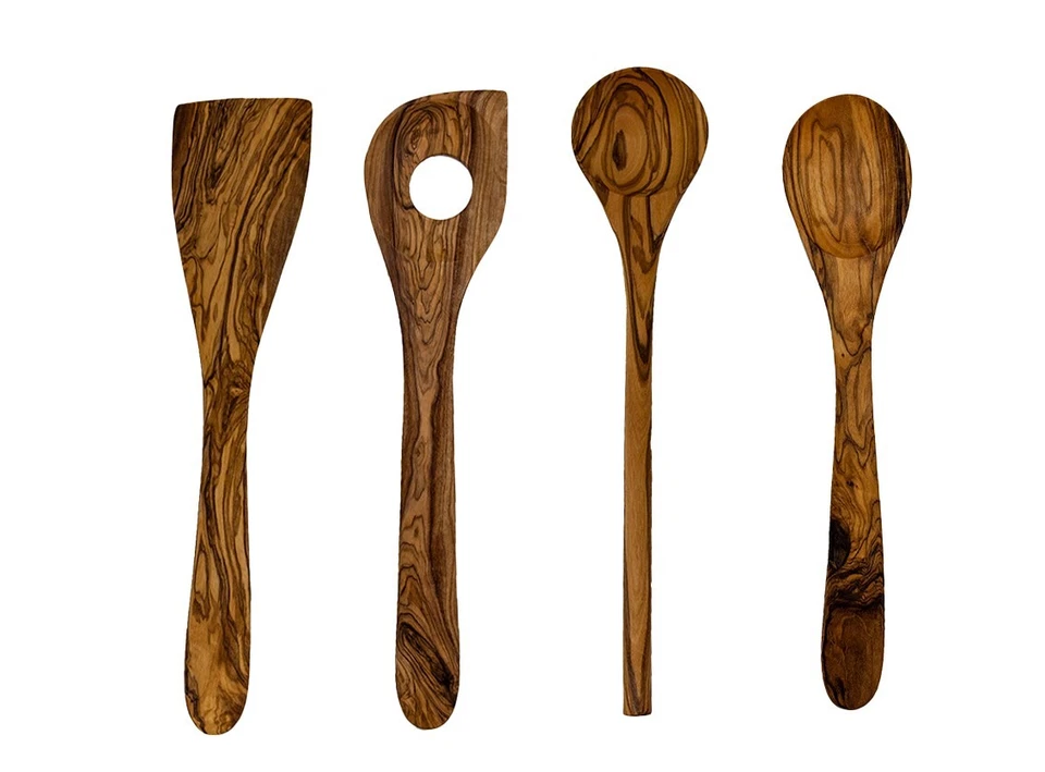4 Piece Wooden Kitchen Utensils Set Cooking Pc Olive Wood  Spoon Spatula  12" - Image 1 of 4