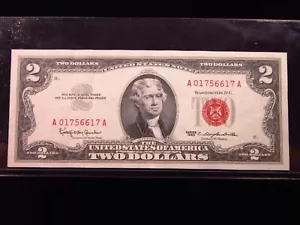 USA $2 1963 A01756617A # UNITED STATES Note RED Seal Jefferson Dollars Money - Picture 1 of 3