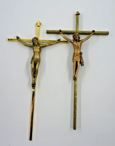 Pair Vintage Brass 10" Wall Cross Crucifix Jesus On Cross Wall Hanging INRI - Picture 1 of 3