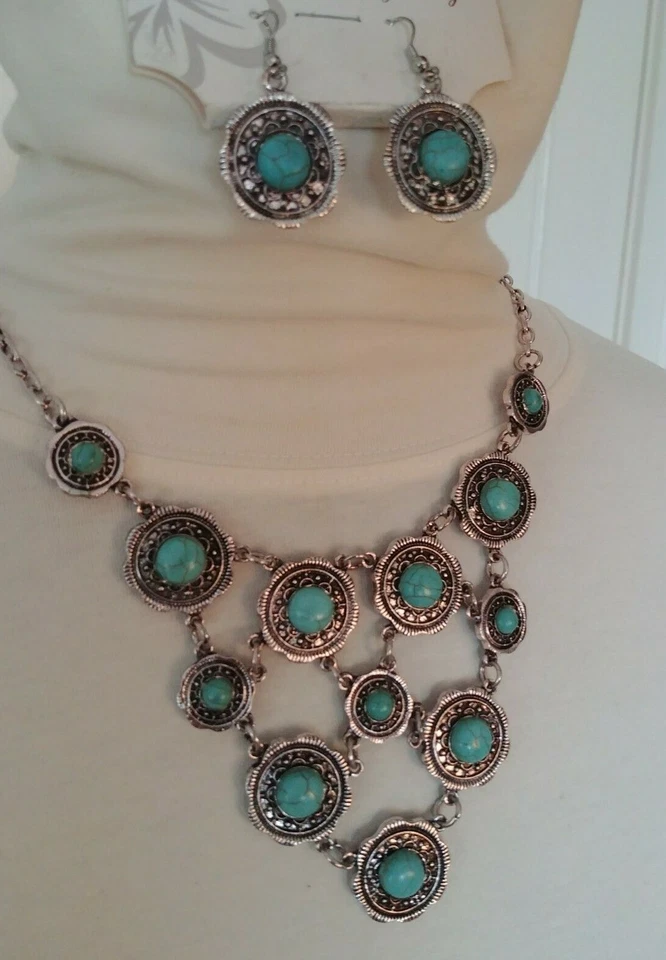 Nuevo Conjunto de Moda Collar y Pendiente Cuentas Turquesa Natural Joya Piedras Preciosas  Foto 1 de 4