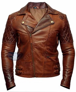 Mens Biker Classic Diamond Motorcycle Brown Distressed Vintage Leather Jacket-B7 - Picture 1 of 6