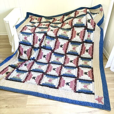 Heirloom Star Quilt Comforter Primitive Country Patchwork 84x96 Full Pink Blue - Image 1 of 4