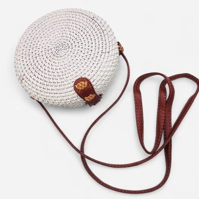 White Rattan Straw Circle Bag Round Woven Purse Crossbody Leather Brown Shoulder - Image 1 of 4