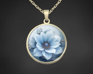 Halskette Kette Mit Rundem Glas Anhänger Elegant Blumen Blau Gold Geschenk Frau - Bild 1 von 4