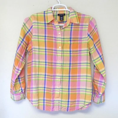 Jones New York signature pink orange blue linen plaid button up shirt size large - Image 1 of 4