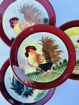 (8) Cracker Barrel Susan Winget Roosters Dinner Plates Rust Old country Set - Image 1 of 4