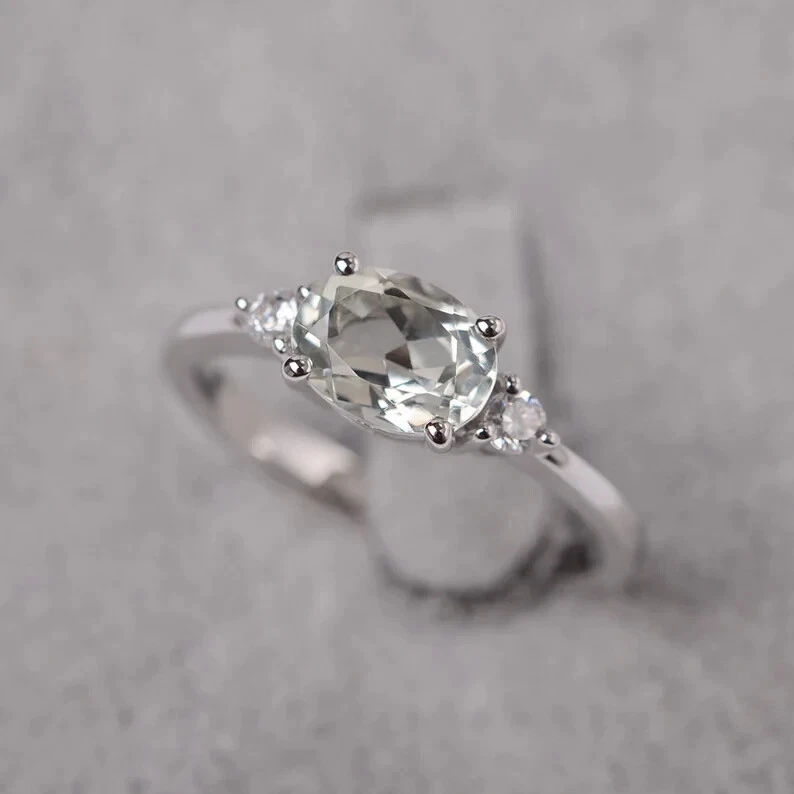 Green amethyst ring sterling silver oval cut engagement ring green natural stone - Image 1 of 3