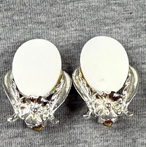 Vintage Silver-Tone Clip-On Earrings With Floral Design & White Oval Accents - Picture 1 of 17