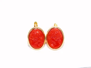 Earrings stud of Red Coral CARVED Women in Gold 18k NATURAL Gemstone Cameo Oval - Picture 1 of 3