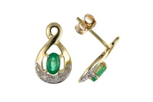 Esmeralda Diamante Pendientes Oro Amarillo Giro Tuerca Contraste Natural Piedras - Imagen 1 de 3