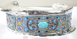 CUFF Designer Bracelet 2 Tone Simulated Opal Sterling Silver - Picture 1 of 5