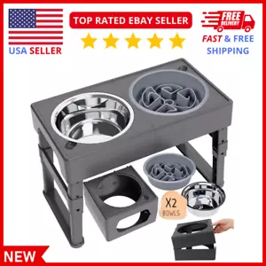Elevated Dog Bowls, Metal Raised Dog Bowl Stand with Slow Feeder & 2 Stainless - Picture 1 of 8