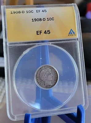 1908-D Barber Dime, ANACS EF 45 - Image 1 of 2