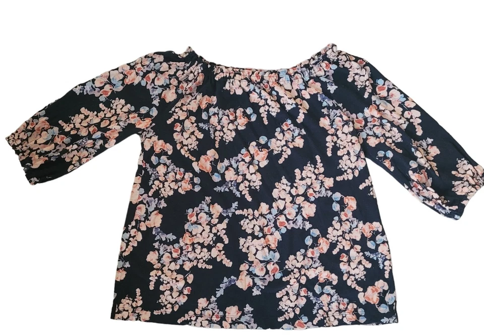 Blusa J Jill Mujer Mediana Azul Marino Rosa Floral Hombro Descubierto Campesino Boho Top Foto 1 de 4