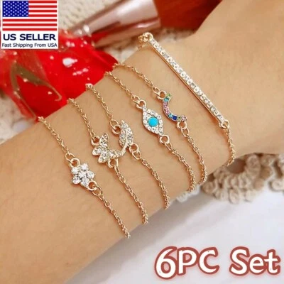 Women 6PC Set Jewelry Crystal Bracelets Evil Eye Butterfly Flowers Leaf 0908 - Image 1 of 4
