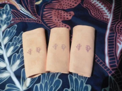 3 SUPERBES SERVIETTES DE TABLE ANCIENNES TEINTEES ORANGE EN LIN"JD" - Photo 1/4