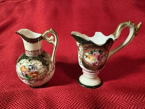 Vintage Hand Painted Floral w/Gold Edging (2) Miniature Pitchers Japan BEAUTIFUL - Picture 1 of 15