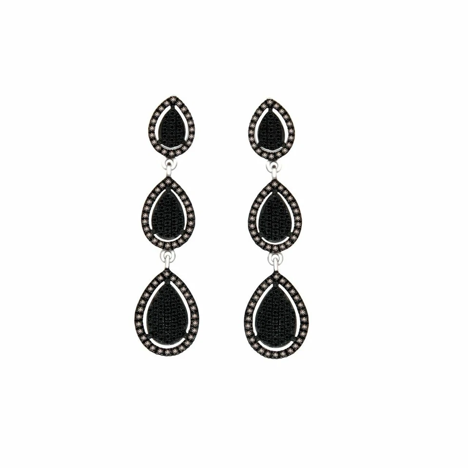 1.15 Ct Real Black & Brown Diamond Teardrop Earrings Rhodium Plated ? Sterling - Image 1 of 1