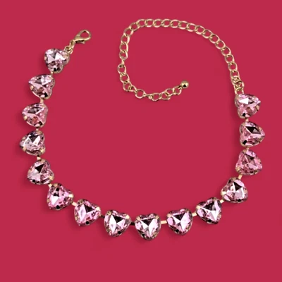 GARGANTILLA DE ESLABONES EN FORMA DE CORAZÓN TONO ROSA Y DORADO Acrílico "cristales" Collar Tenis 4F Foto 1 de 4