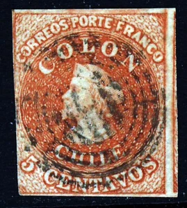 CHILE 1857 5c COLON ESTANCOS PRINTING Chile #9a Scott # 9 SG 18/22  Watermark 1 - Picture 1 of 2