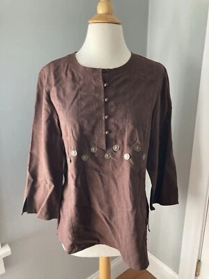 8 Clean Brown Linen Colonial Peasant Rev War Gypsy Button Tunic Blouse top - Image 1 of 4