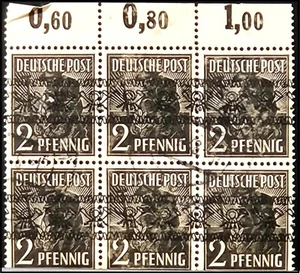 German 1947 Block of Six Used 2 Pfg Stamps with Overprint and Upper Margin - Picture 1 of 1