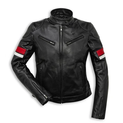 Chaqueta de cuero para motociclista Ducati Urban Stripes para mujer negra roja Foto 1 de 4