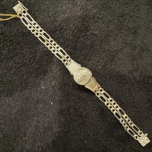 ID Virgin Mary Double Link Bracelet Figaro Sterling Silver 8.5” / 10.5MM - Picture 1 of 3