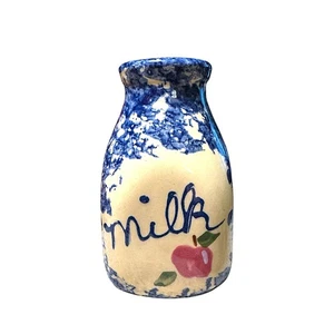 Vintage Alpine Pottery Roseville Ohio Mini Milk Bottle Vase Blue Sponge Ware 4” - Picture 1 of 7